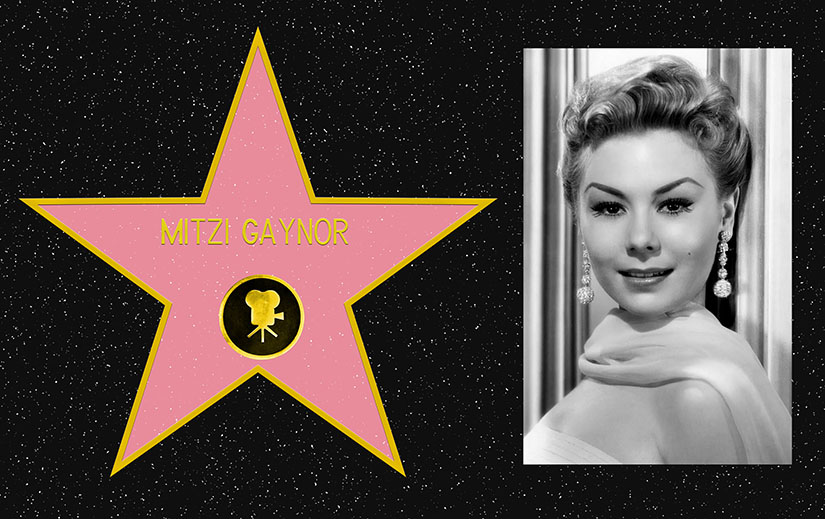 Composite picture. On the left, a mockup of Mitzi Gaynor's star on the Hollywood Walk of Fame. On the Right, a black and white portrait photo of Mitzi Gaynor.
