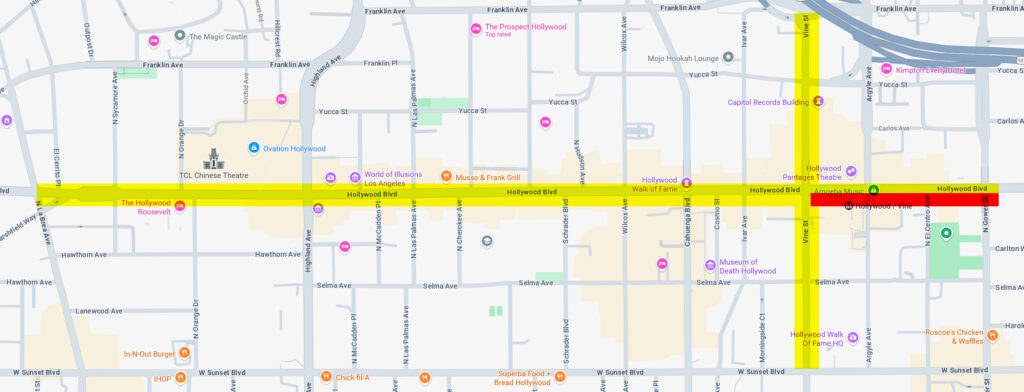 A map highlighting the Hollywood Walk of Fame. Most of the Walk is highlighted with yellow, but the southeast section of Hollywood from Gower to Vine is red.