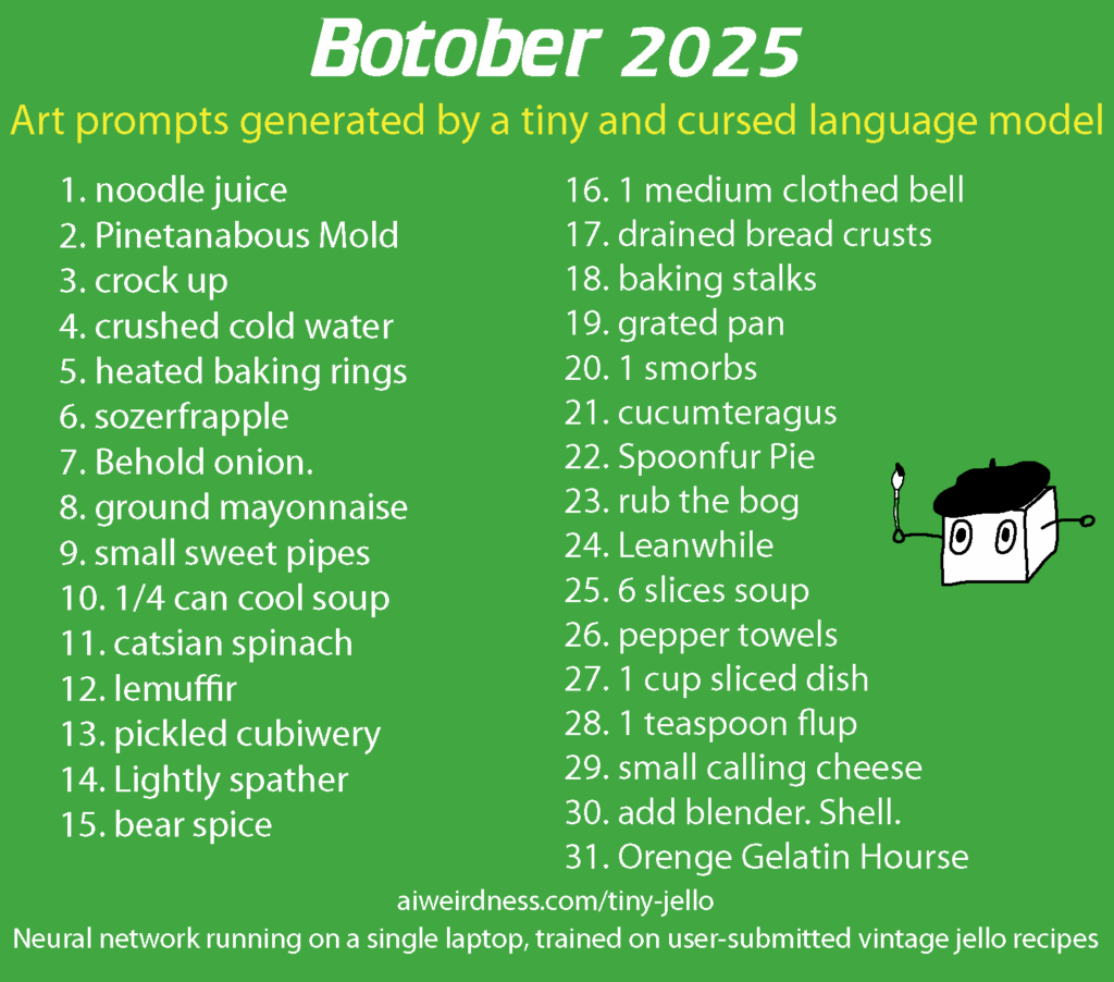 The Botober 2025 prompts from the AI Weirdness website.