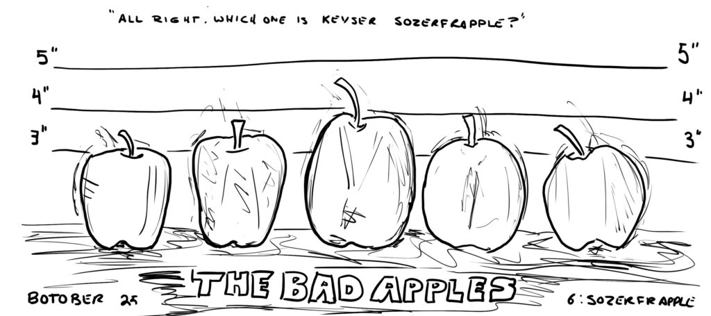 Line drawing of five apples in a police lineup. Text above them reads: "All right, which one is Keyser Sozerfrapple?"
Text below reads:
BOTOBER 25 
THE BAD APPLES
6: Sozerfrapple
