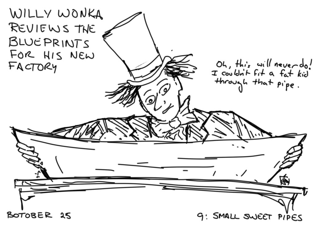 Line Drawing. Text at the top reads "WILLY WONKA REVIEWS THE BLUEPRINTS FOR HIS NEW FACTORY"

Wonka is at a table holding up a large paper, and is saying "Oh, this will never do! I couldn't fit a fat kid through that pipe."

The bottom of the picture is labeled "BOTOBER 25  9: SMALL SWEET PIPES"