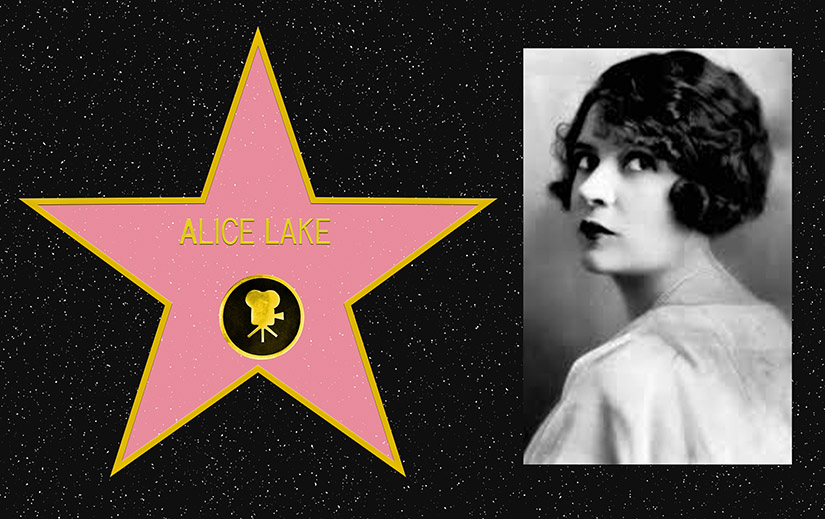 Composite picture. On the left, a mockup of Alice Lake's star on the Hollywood Walk of Fame. On the right, a black and white portrait photo of Alice Lake.