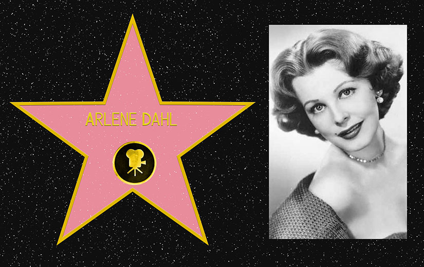 Composite picture. On the left, a mockup of Arlene Dahl's star on the Hollywood Walk of Fame. On the right, a black and white portrait photo of Arlene Dahl.