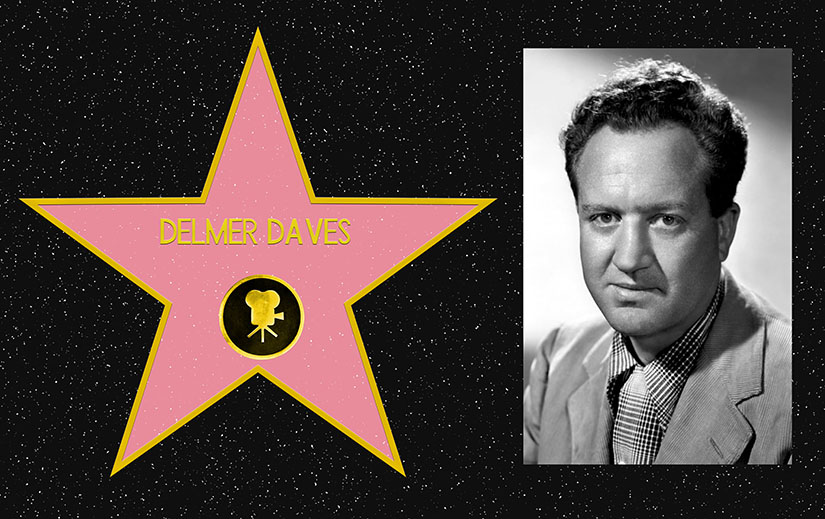 Composite picture. On the left, a mockup of Delmer Daves's star on the Hollywood Walk of Fame. On the right, a black and white portrait photo of Delmer Daves.