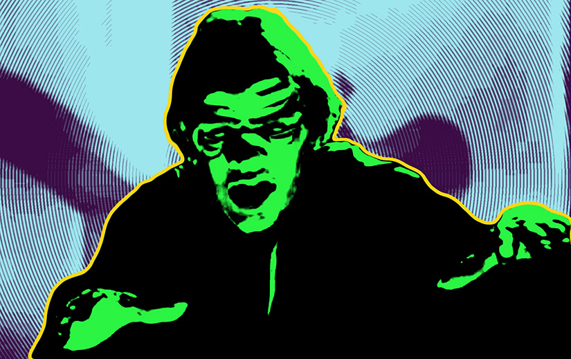 The monster from Doctor X shown in high contrast with bright solid color overlays.