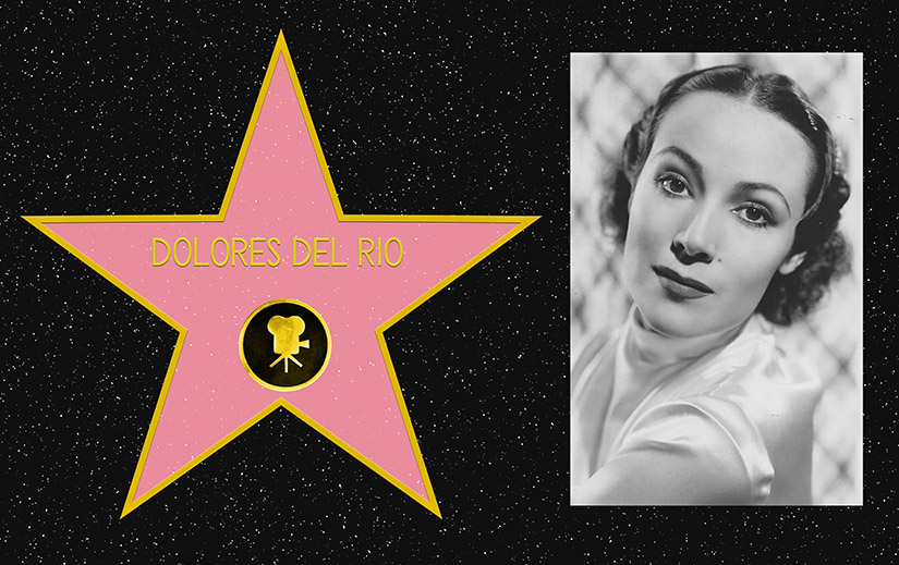 Composite picture. On the left, a mockup of Dolores del Rio's star on the Hollywood Walk of Fame. On the right, a black and white portrait photo of Dolores del Rio.