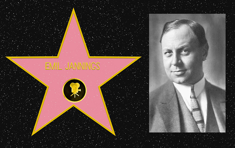 Composite picture. On the left, a mockup of Emil Jannings's star on the Hollywood Walk of Fame. On the right, a black and white portrait photo of Emil Jannings.