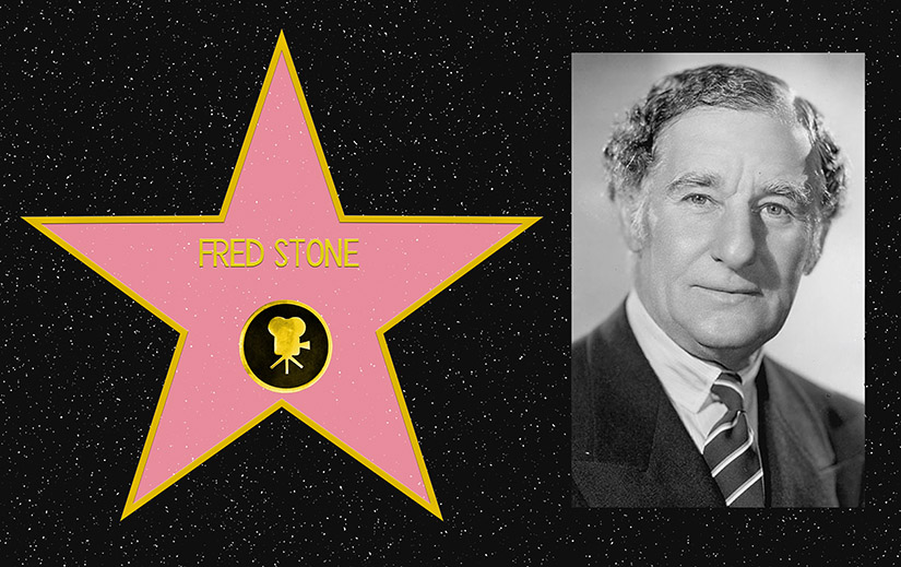 Composite picture. On the left, a mockup of Fred Stone's star on the Hollywood Walk of Fame. On the Right, a black and white portrait photo of Fred Stone.