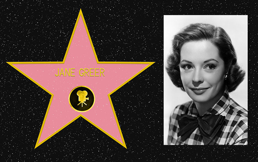 Composite picture. On the left, a mockup of Jane Greer's star on the Hollywood Walk of Fame. On the right, a black and white portrait photo of Jane Greer.