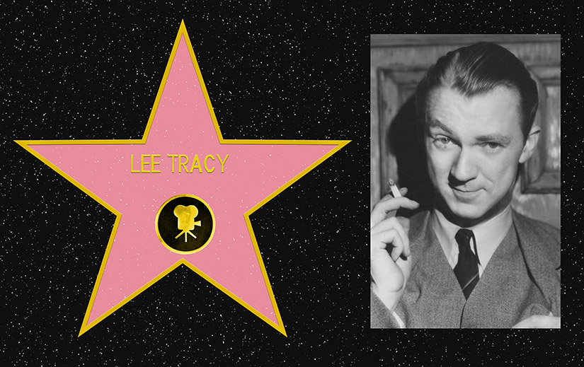 Composite picture. On the left, a mockup of Lee Tracy's star on the Hollywood Walk of Fame. On the Right, a black and white portrait photo of Lee Tracy.