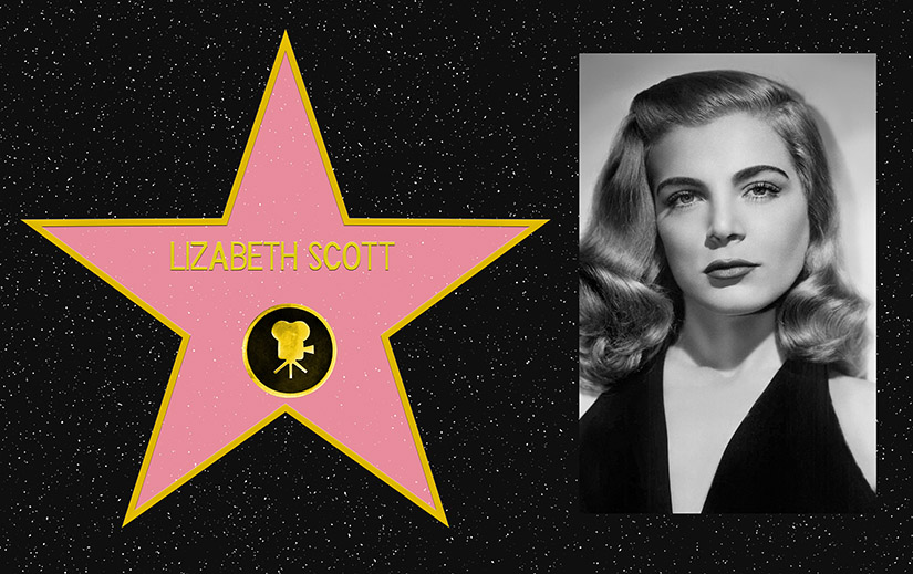 Composite picture. On the left, a mockup of Lizabeth Scott's star on the Hollywood Walk of Fame. On the right, a black and white portrait photo of Lizabeth Scott.