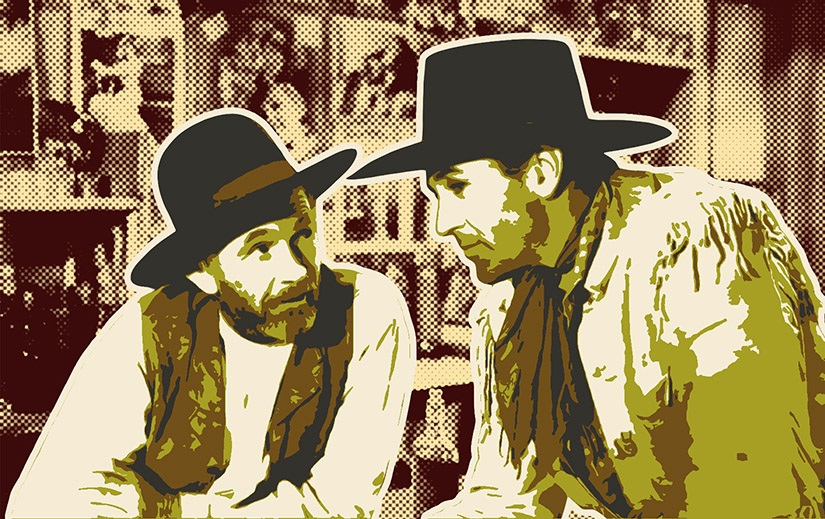 Walter Brennan and Gary Cooper leaning in to talk over a bar .