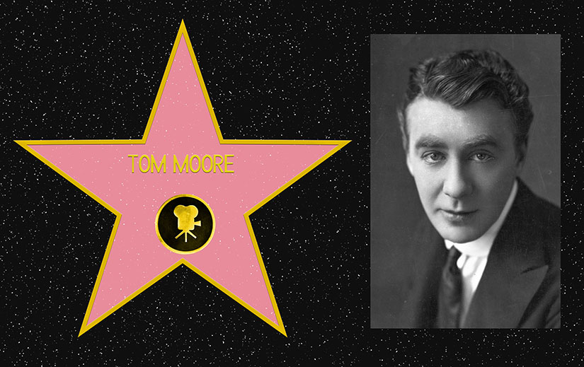 Composite picture. On the left, a mockup of Tom Moore's star on the Hollywood Walk of Fame. On the Right, a black and white portrait photo of Tom Moore.