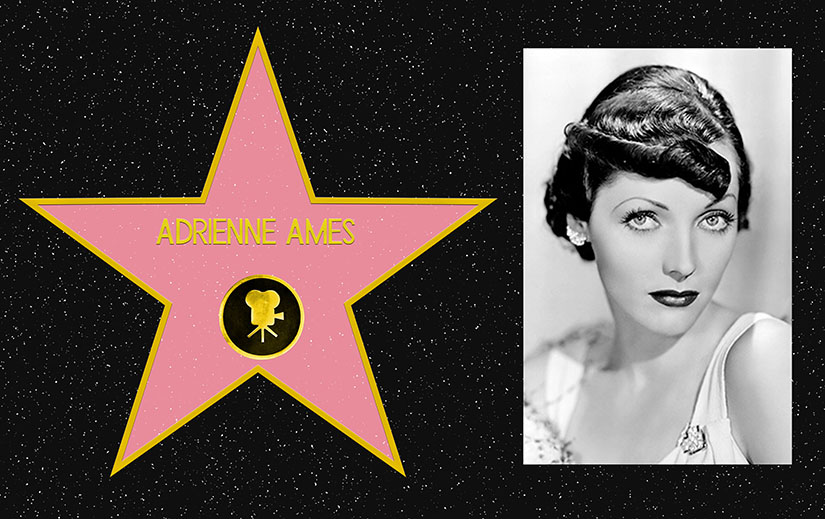 Composite picture. On the left, a mockup of Adrienne Ames's star on the Hollywood Walk of Fame. On the right, a black and white portrait photo of Adrienne Ames.