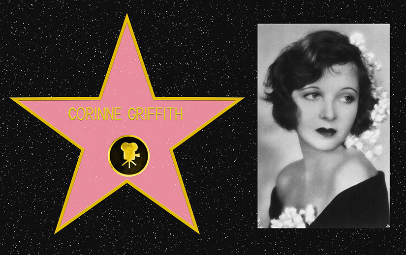 Composite picture. On the left, a mockup of Corinne Griffith's star on the Hollywood Walk of Fame. On the right, a black and white portrait photo of Corinne Griffith.