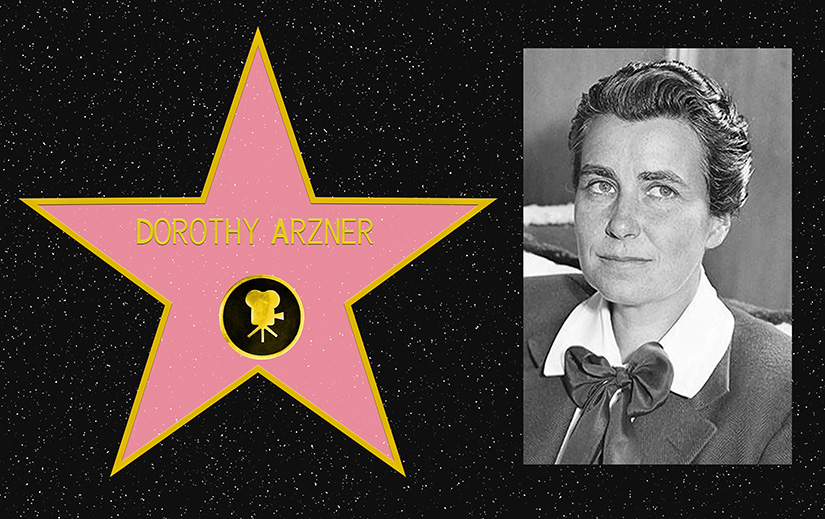 Composite picture. On the left, a mockup of Dorothy Arzner's star on the Hollywood Walk of Fame. On the right, a black and white portrait photo of Dorothy Arzner.