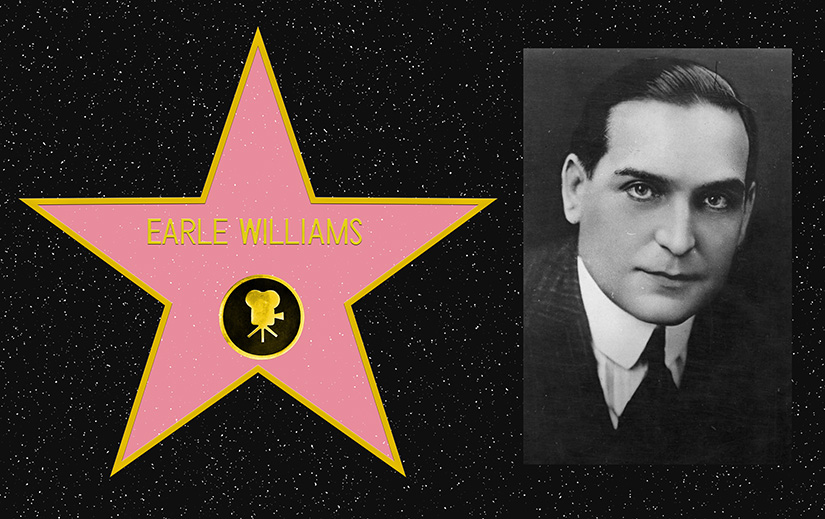 Composite picture. On the left, a mockup of Earle Williams's star on the Hollywood Walk of Fame. On the right, a black and white portrait photo of Earle Williams.