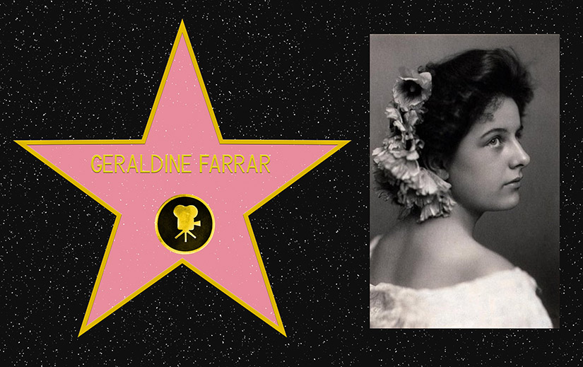 Composite picture. On the left, a mockup of Geraldine Farrar's star on the Hollywood Walk of Fame. On the right, a black and white portrait photo of Geraldine Farrar.