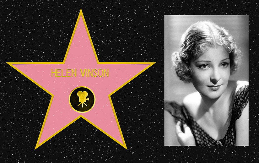 Composite picture. On the left, a mockup of Helen Vinson's star on the Hollywood Walk of Fame. On the right, a black and white portrait photo of Helen Vinson.
