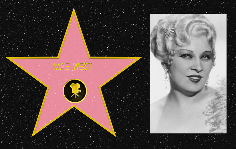 Composite picture. On the left, a mockup of Mae West's star on the Hollywood Walk of Fame. On the right, a black and white portrait photo of Mae West.