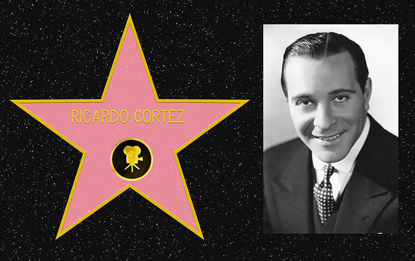 Composite picture. On the left, a mockup of Ricardo Cortez's star on the Hollywood Walk of Fame. On the right, a black and white portrait photo of Ricardo Cortez.