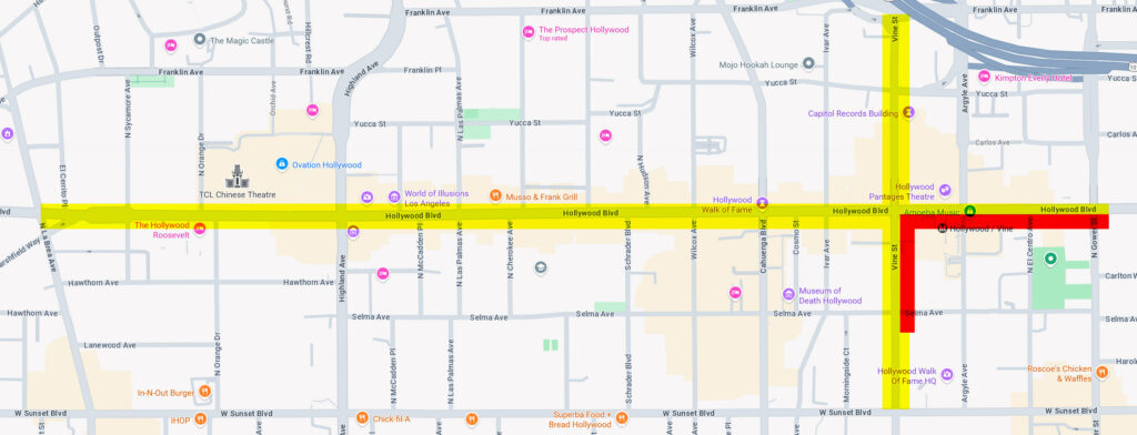 A map of my progress seeing movies for every motion picture star on the Hollywood Walk of Fame. The entire walk (Hollywood Blvd from Gower to La Brea, Vine St from Franklin to Sunset) is highlighted. most of it is yellow, but the south side of Hollywood from Gower to Vine and the east side of Vine from Hollywood to just south of Selma is red.