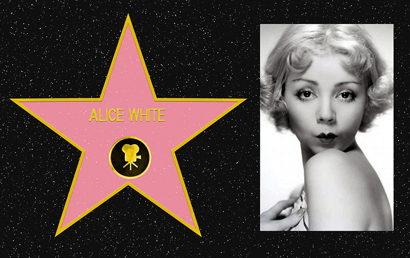 Composite picture. On the left, a mockup of Alice White's star on the Hollywood Walk of Fame. On the Right, a black and white portrait photo of Alice White.