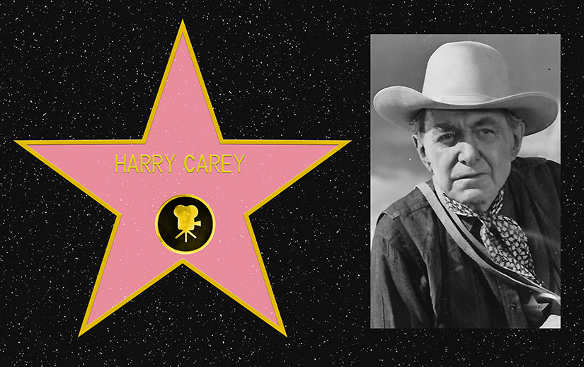 Composite picture. On the left, a mockup of Harry Carey's star on the Hollywood Walk of Fame. On the Right, a black and white portrait photo of Harry Carey.