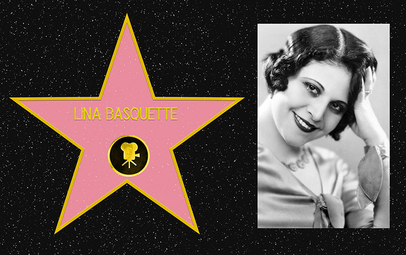 Composite picture. On the left, a mockup of Lina Basquette's star on the Hollywood Walk of Fame. On the Right, a black and white portrait photo of Lina Basquette.