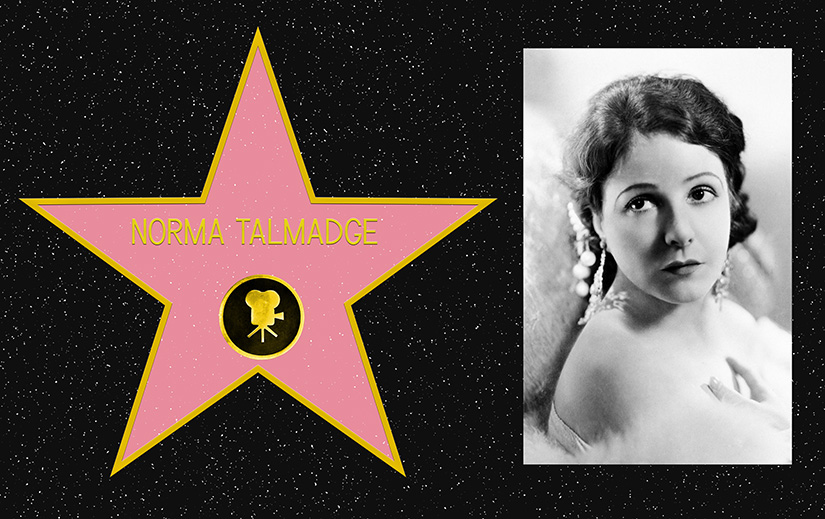 Composite picture. On the left, a mockup of Norma Talmadge's star on the Hollywood Walk of Fame. On the right, a black and white portrait photo of Norma Talmadge.