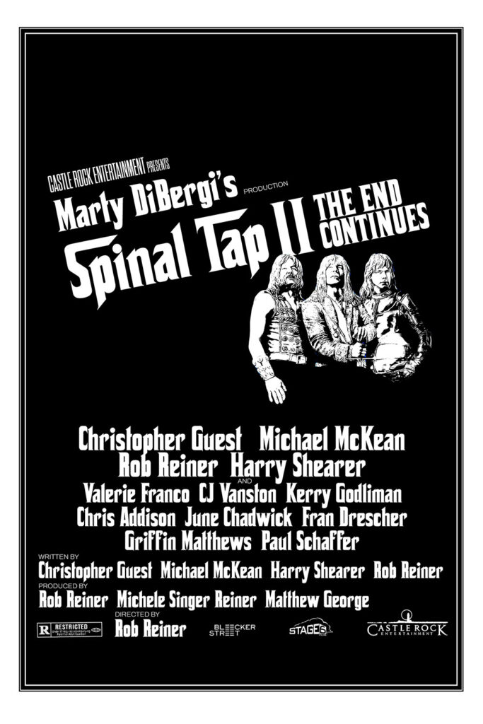 A fake poster Spinal Tap II: The End Continues mimicking the poster for The Godfather Part II.