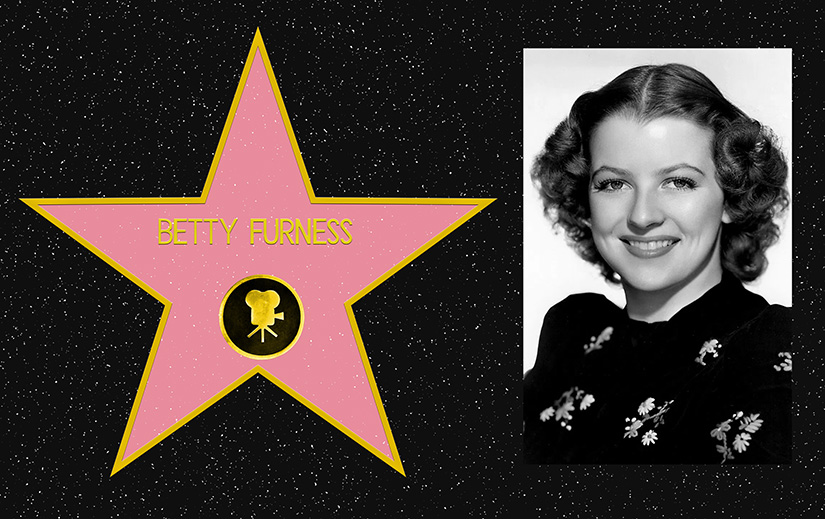 Composite picture. On the left, a mockup of Betty Furness's star on the Hollywood Walk of Fame. On the Right, a black and white portrait photo of Betty Furness.