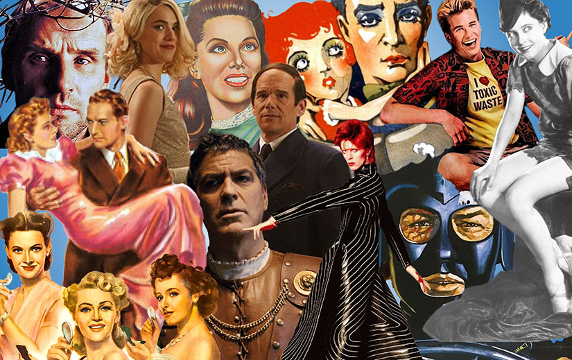 A collage of images from 11 movies: death race 2000, cheers for miss bishop, stalker, steamboat bill jr, real genius, moonage daydream, blue moon, hail, caesar!, peter pan, belle of the yukon, and keep your powder dry.