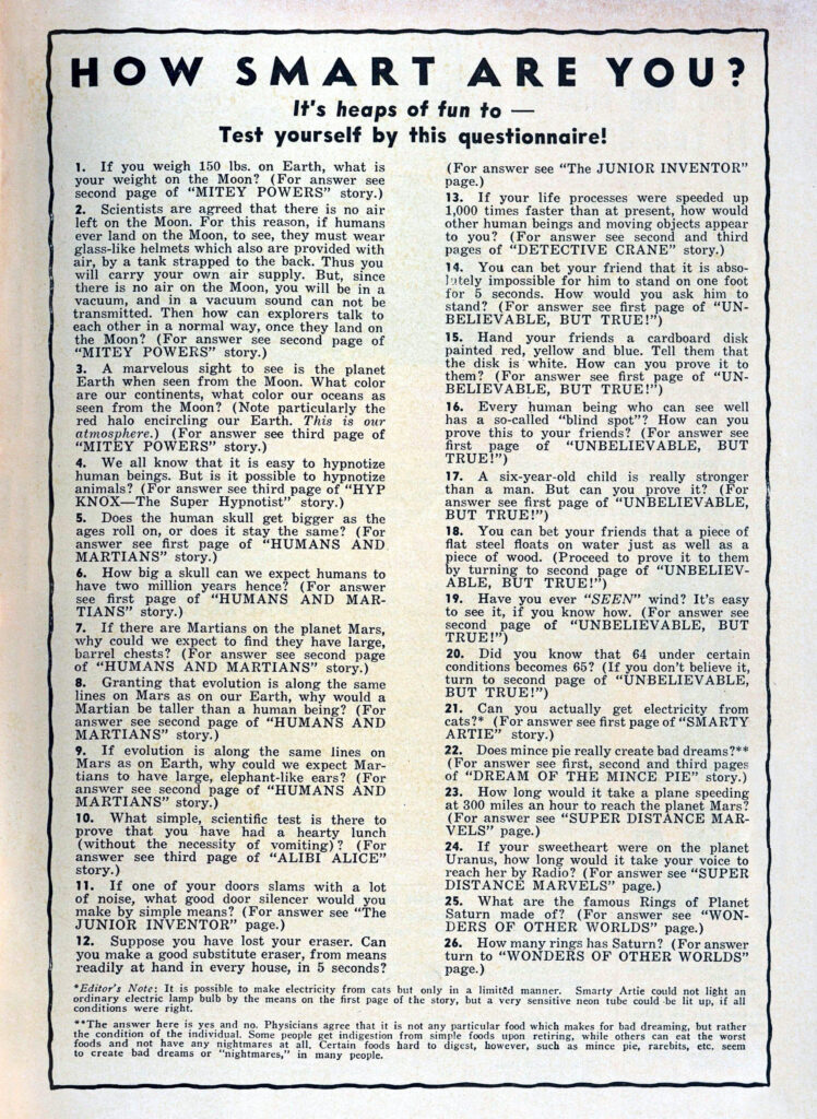 A page of text labelled HOW SMART ARE YOU? With a set of question and clues about where to find the answers in the comic book.
