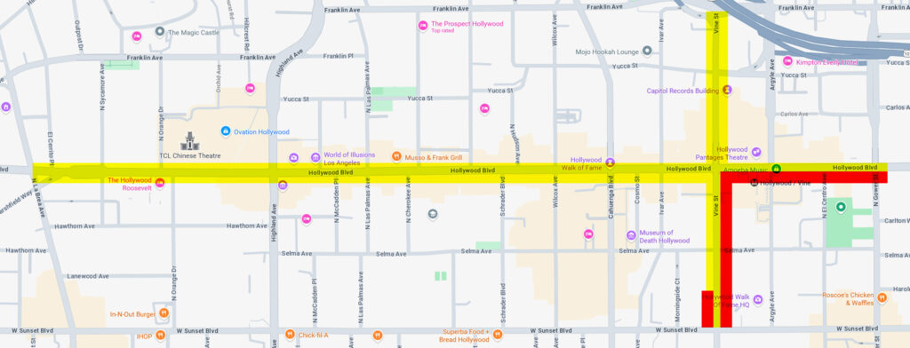 A map showing about 85 percent of the Hollywood Walk of Fame highlighted in yellow, and about 15% highlighted in red.