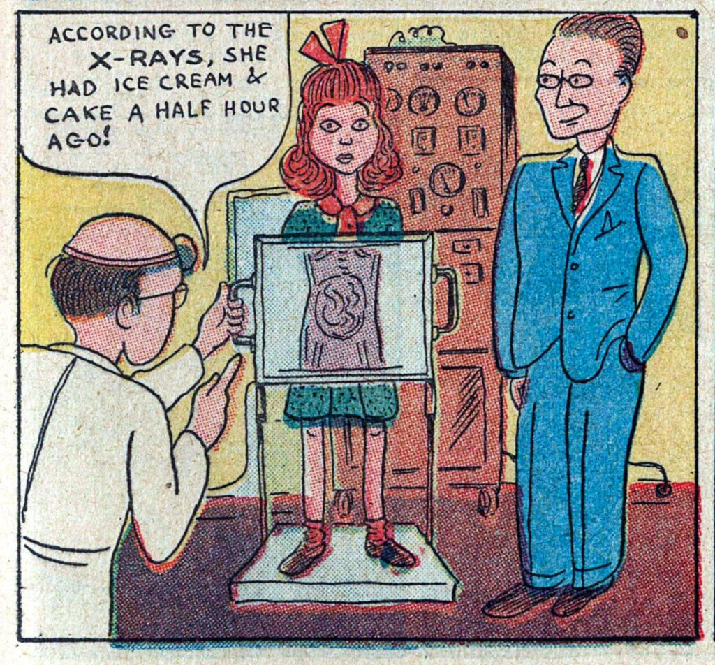 Comic panel: A red-haired girl stands as a doctor positions an x-ray panel in front of her stomach. A man in a blue suit, red tie, and glasses stands smirking next to her.