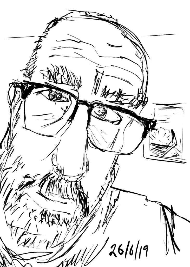 A stretchy self-portrait of a bald guy with glasses (me).