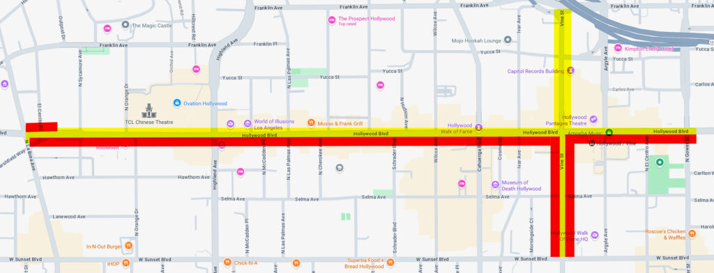 A map of the Hollywood Walk of Fame, with most of the top half marked in yellow, and the rest marked with red.